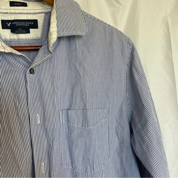 AMERICAN EAGLE Men’s Blue White Stripe Button Down Slim Fit Shirt Size Large - Picture 7 of 12